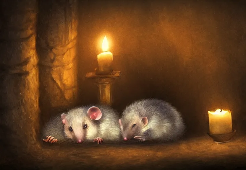 Prompt: cute possum sleeping inside a bed in a medieval cluttered cottage at night under the dim light of a candle, dark fantasy, dreaming illusion, trending on artstation