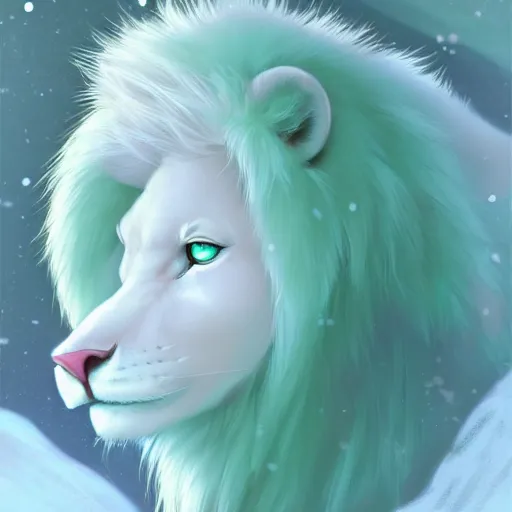 Prompt: aesthetic portrait commission of a albino male furry anthro lion wearing a cute mint colored cozy soft pastel winter outfit, winter atmosphere character design by charlie bowater, ross tran, artgerm, and makoto shinkai