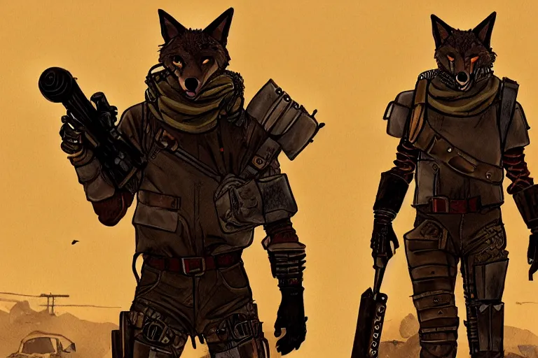 Image similar to a good ol'coyote fursona ( from the furry fandom ), heavily armed and armored facing down armageddon in a dark and gritty version from the makers of mad max : fury road. witness me.