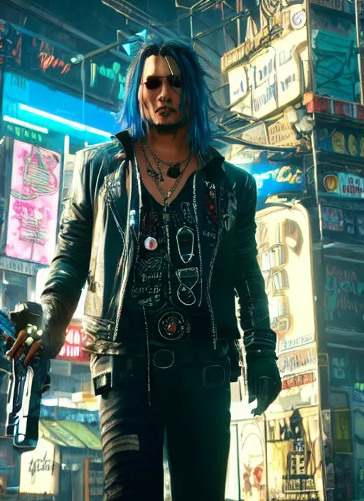 Image similar to film still of Johnny Depp as Johnny Silverhand in Cyberpunk 2077, gameplay, 8k, HD