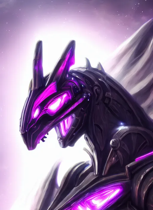 Image similar to cinematic goddess close shot, cosmic size beautiful stunning elegant hot giant robot mecha female dragon, sharp cyborg dragon head, metal ears, led glowing purple eyes, smooth fuschia skin, smooth silver armor, in space, epic proportions, macro, epic size, epic scale, furry art, dragon art, giantess art, warframe fanart, furaffinity, octane