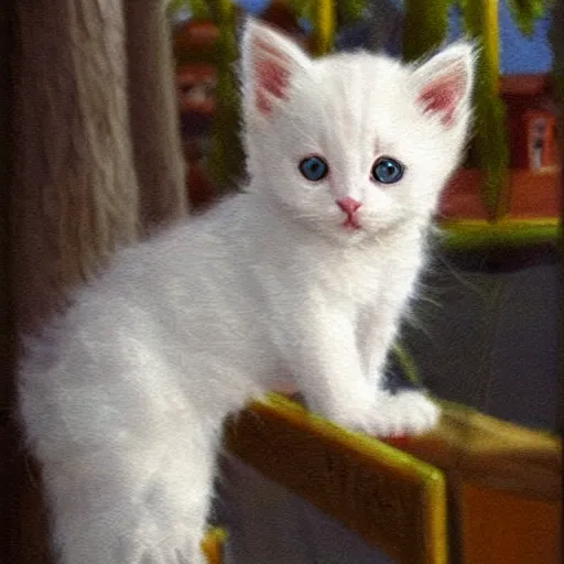 Prompt: a small white kitten at the wharf in San Francisco, fantasy illustration,