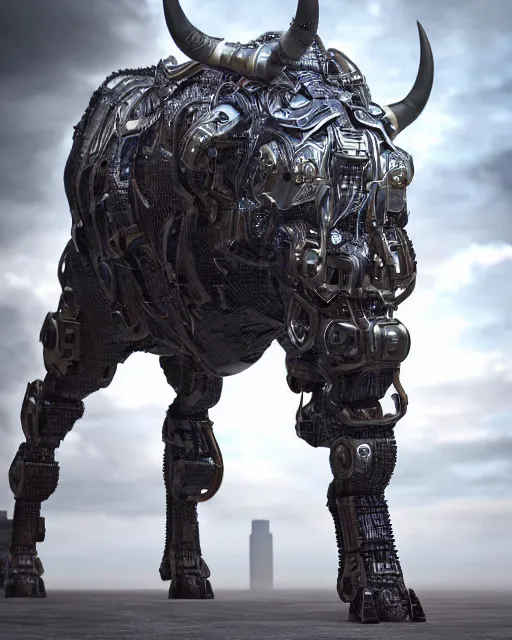 Image similar to a full body shot of an imposing cyborg ( bull ) modeled after a bull looking into the camera, android, cyborg, full body shot, intricate, 3 d, hyper realism, symmetrical, octane render, strong bokeh, fantasy, highly detailed, depth of field, digital art, artstation, concept art, cinematic lighting, trending