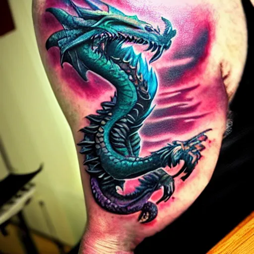 Prompt: dark and vibrant fantasy dragon drake wyvern, forearm tattoo