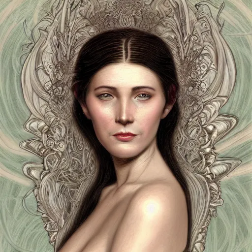 Image similar to facial portrait of a young pretty woman in flowing dress, arrogant, mysterious, long fine flowing hair, delicate, looking at camera, slightly awkward smile, realistic face, hands behind back, intricate, stylish, elegant, grimdark fantasy, flowers, extremely detailed painting inspired by Gerald Brom and Ernst Haeckel and Greg Rutkowski