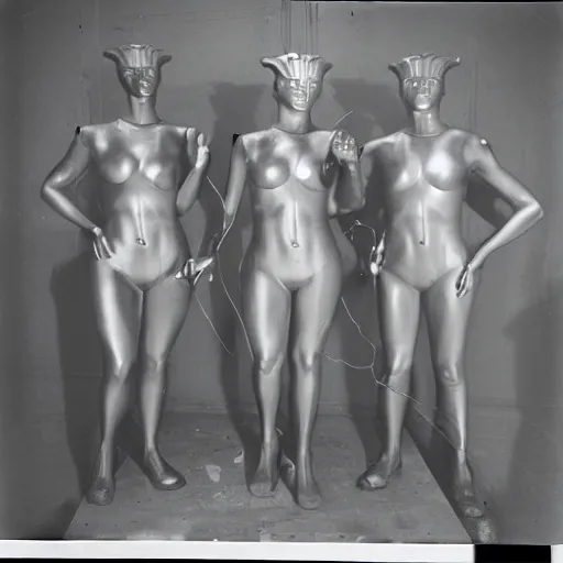 Image similar to three humanoid replicants who look like the statue of liberty, stand uncomfortably close to the camera, polaroid, flash photography, photo taken in a completely dark storage room where you can see some empty boxes in the background, very thick thighs