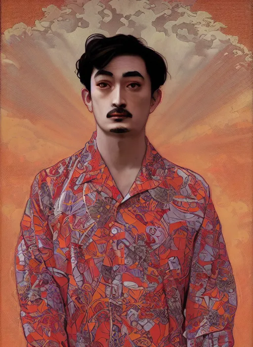 Image similar to Filthy Frank wearing red luxuruous hawaiian vintage shirt, rule of thirds, accurately portrayed, portrait art by alphonse mucha and greg rutkowski, highly detailed, digital painting, concept art, illustration, ethereal lighting with twilight rays of sunlight, trending on artstation, very detailed, smooth, sharp focus, octane render, close up