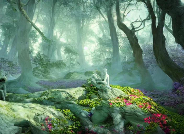 Prompt: idealistic marble statues with fractal flowery hair, seen from behind, in a magical forest, painted by, mc escher, gordon onslow ford, georgia o'keeffe and ivan aivazovsky, cinematic light, god rays, colourful, unreal engine, zbrush central,