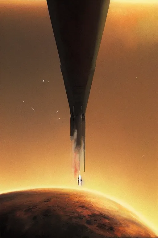 Image similar to poster artwork. distant rocket taking off. on the horizon. during golden hour. symmetry. washed out. desaturated. art by wlop, mars ravelo and greg rutkowski.