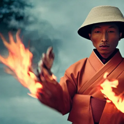 Image similar to cinematic film still Pharrell Williams starring as a Samurai holding fire, Japanese CGI, VFX, 2003, 40mm lens, shallow depth of field,film photography