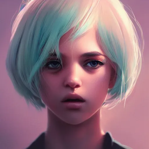 Prompt: very cool girl blonde hair black back, mint higlights, strong eyelashes, cute nose and lips makeup, nose piercing, detailed portrait, intricate complexity, by greg rutkowski, artgerm, ross tran, conrad roset, takato yomamoto, ilya kuvshinov. 4 k, beautiful, cinematic dramatic atmosphere