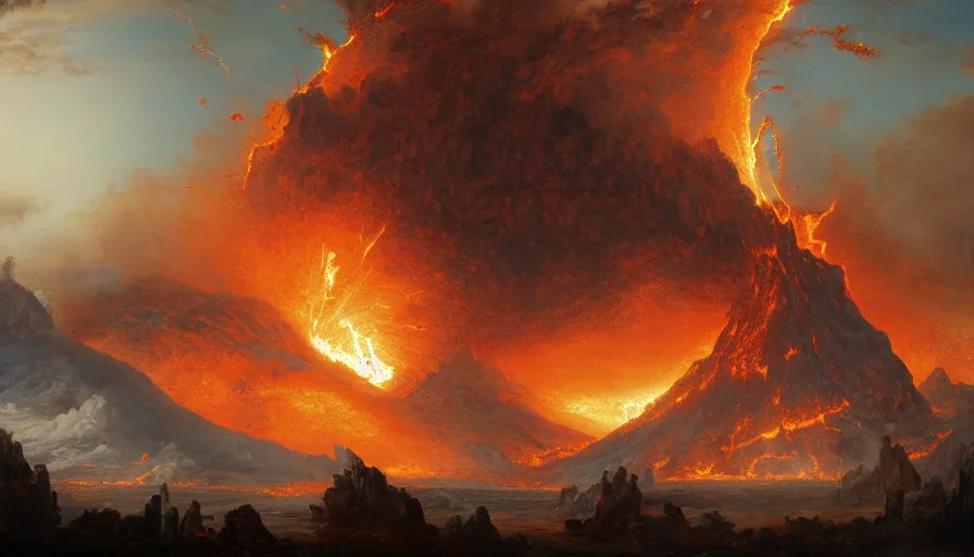 Image similar to baroque painting of humongous volcano exploding, lava everywhere, burning kingdoms, hyperdetailed, artstation, cgsociety, 8 k