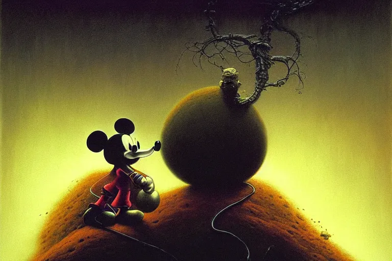 Image similar to painting of life of mickey mouse, by zdzislaw beksinski, by dariusz zawadzki, by wayne barlowe, gothic, surrealism, cosmic horror, lovecraftian, cold hue's, warm tone gradient background, concept art, beautiful composition