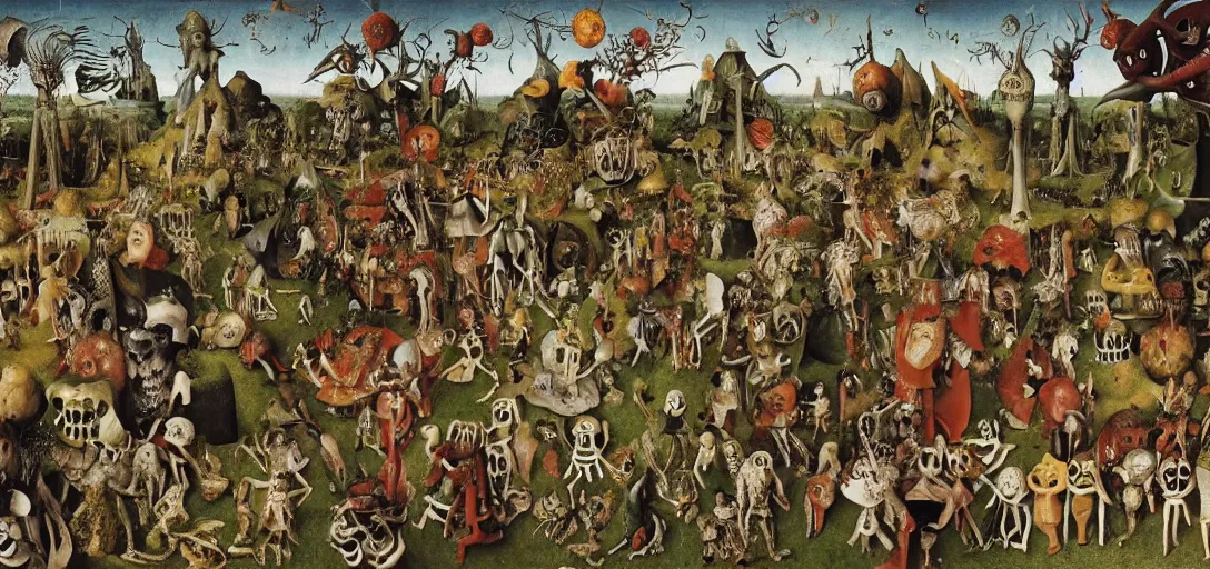 Prompt: Skeletons walking through the garden of earthly delights, hyper-surrealism, highly detailed and intricate matte painting by Max Ernst, Hieronymus Bosch and Giuseppe Arcimboldo