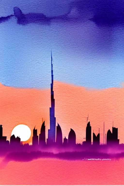 Prompt: minimalist watercolor art of dubai skyline at sunset, illustration, vector art