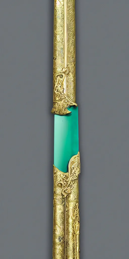 Image similar to photograph of a wide green and teal crystal double - edged sword blade attached to a big gold sword hilt