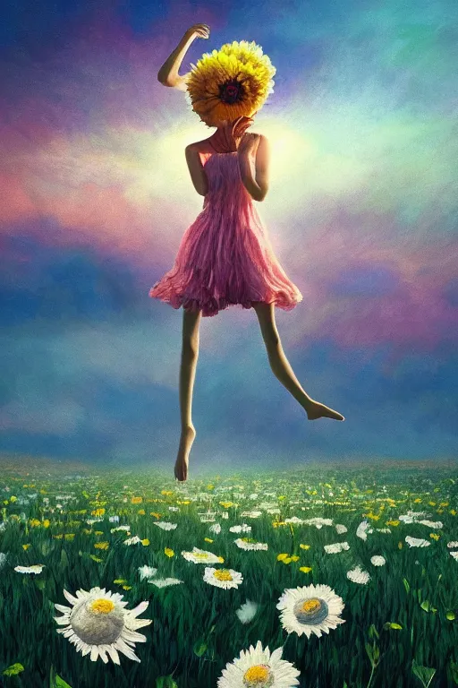 Image similar to giant white daisy flower face head, girl dancing in a flower field, surreal photography, sunrise, dramatic light, impressionist painting, colorful clouds, digital painting, artstation, simon stalenhag