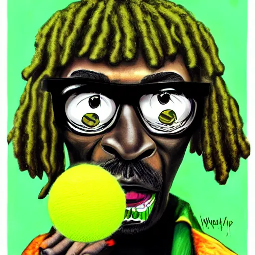 Image similar to snoop dogg tennis ball monster ,tennis ball, digital art, fantasy,chalk, magic, trending on artstation, ultra detailed, professional illustration by Basil Gogos