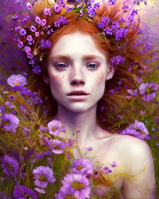 Prompt: princess swathed in flowers, perfect face, thin tiara, halter top, ginger hair, abs, cinematic, freckles, stunning, athletic, strong, agile, highly detailed, psychedelic, digital painting, artstation, smooth, hard focus, illustration, art by jessica rossier and and brian froud