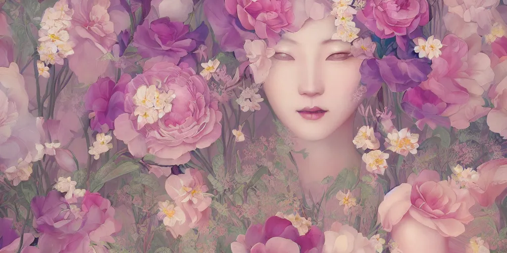 Image similar to breathtaking delicate painting pattern art deco blend of flowers and faces, by hsiao - ron cheng, bizarre compositions, many exquisite detail, pastel colors, 8 k