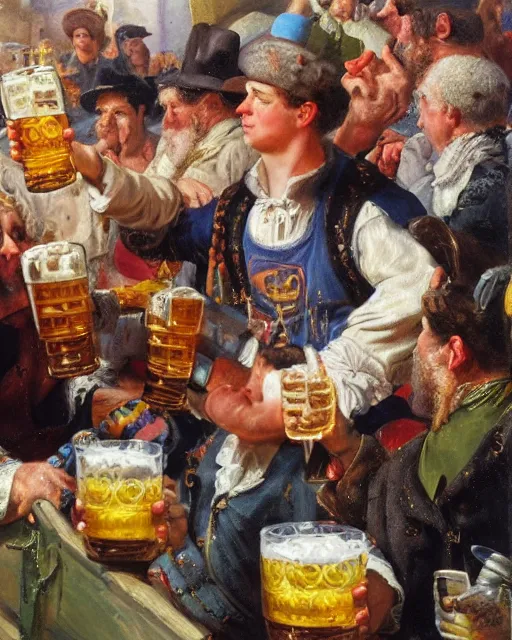 Image similar to a painting of bart simpson holding a mug of beer at the oktoberfest, a detailed painting by konstantin makovsky and by jan matejko and by nikolay makovsky, shutterstock contest winner, german romanticism, detailed painting, oil on canvas, wimmelbilder