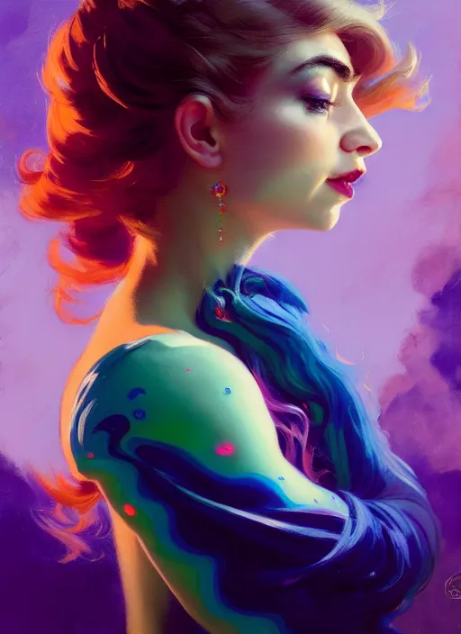 Image similar to side portrait, imogen poots, paladin, fantasy, gloomhaven, luminescent, organic painting, colorful swirly ripples, gaudy colors, by greg manchess, huang guangjian, gil elvgren, sachin teng, greg rutkowski, jesper ejsing, ilya kuvshinov