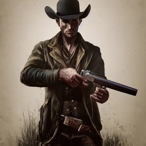 Prompt: a digital portrait of a human hunter from hunt showdown, holding a revolver, western era, hyper realistic, horror, back lighting, luisiana, in the style of greg rutkowski,