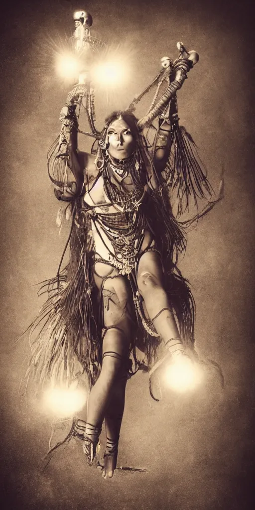 Prompt: old vintage full body photo of ancient shaman female on the complex big steam punk hooverboard with antigravity engine, extreme sports photography , dynamic photography,clean symmetrical face, high speed,dirt and grawel flying in the spot, lens flares, dust in the air, dramatic lighting, intricate, highly detailed, centered, smooth, sharp focus, sports photography, old photo, black and white, sepia, cinematic lighting, cinematic angle, national geographic