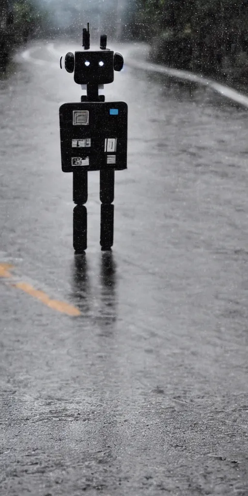 Image similar to robot on the road, city, photo, rain,