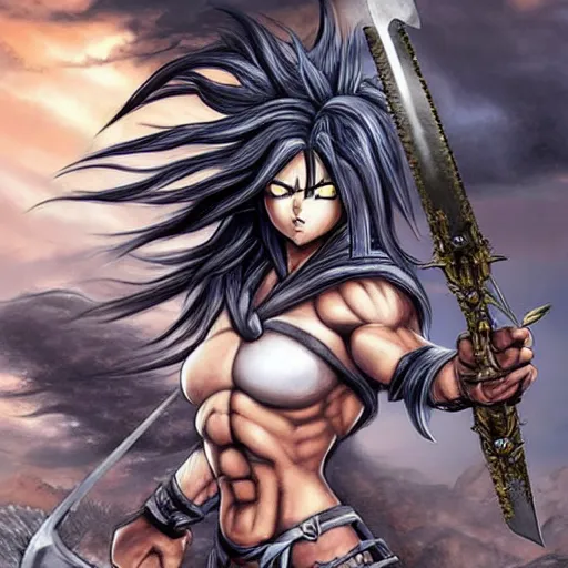 Image similar to realistic art style, warrior girl, muscular girl, wild spiky black saiyan hair, long spiky hair, electrified hair, holding scimitar made of bone, scimitar, sword, jagged sword, curved sword, orkish sword, colorized, gray skin, hyper - detailed, primeval fantasy, prehistoric fantasy, art by jacques - louis david