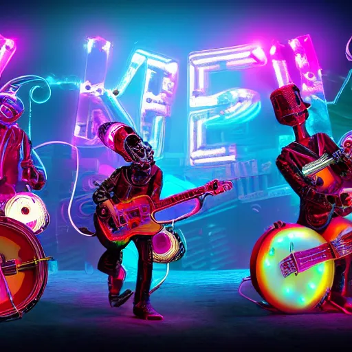 Prompt: album art, rockband with 3 steampunk robots playing guitar and drums, the letters robos rock, 8 k, flourescent colors, halluzinogenic, multicolored, insanely integrate, front shot, 3 d render, octane