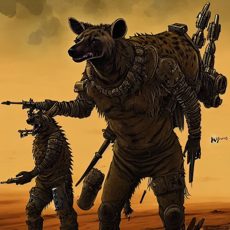 Image similar to a good ol'hyena fursona ( from the furry fandom ), heavily armed and armored facing down armageddon in a dark and gritty version from the makers of mad max : fury road. witness me.