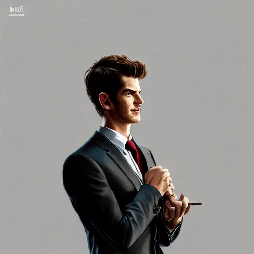 Image similar to full figure ultra realistic illustration, andrew garfield as business man, intricate, elegant, highly detailed, digital painting, artstation, concept art, smooth, sharp focus, illustration, art by artgerm and greg rutkowski and alphonse mucha