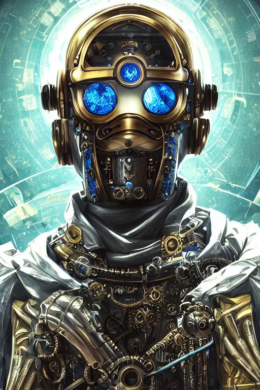 Image similar to Portrait of a steampunk sci-fi cyborg ninja male , third person, D&D, sci-fi fantasy, intricate, blue and gold, highly detailed , art by Range Murata, highly detailed, 3d, octane render, bright colors, digital painting, trending on artstation, sharp focus, illustration style of Stanley Artgerm,