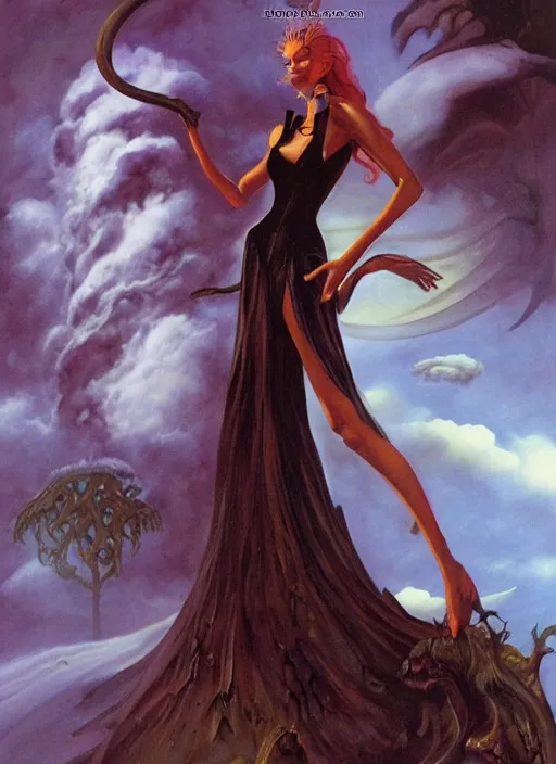 Image similar to slender sylph queen, above the clouds, black iron crown, diamond shimmering dress, strong line, deep color, forest, beautiful! coherent! by boris vallejo, by frank frazetta