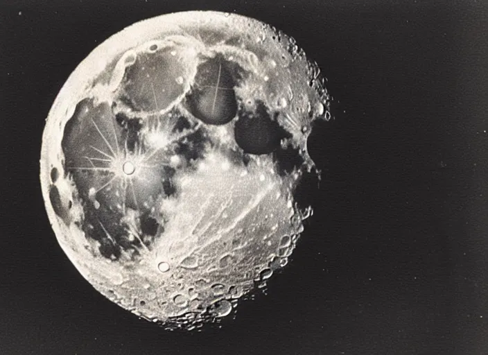 Prompt: vintage photo still of the moon!!!! exploding!!!! exploding moon moon explosion fragments on one side moon explosion over new york city in the 1 9 2 0 s, black and white, weathered, edge vignette