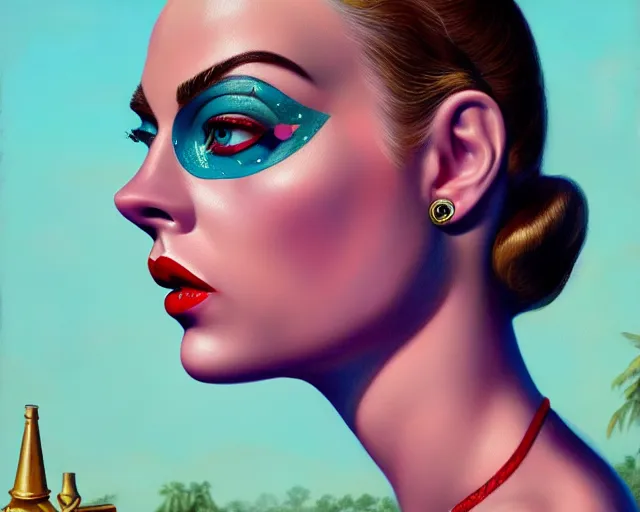 Image similar to closeup profile portrait of a 1 9 5 0 s cara delevigne wearing a bikini, mark ryden, lostfish, max fleischer, hyper realistic, artstation, illustration, digital paint, matte paint, vivid colors, bright, cheerful, detailed and intricate environment