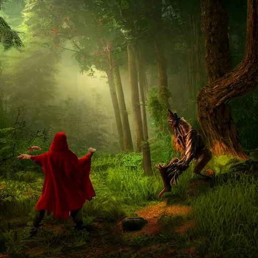 Image similar to smirking heavily armed little red riding hood getting attacked by a werewolf from behind in a lush green forest, sharp focus, unreal engine 5, digital illustration, volumetric light, highly detailed, intricate, by michael whelan, james gurney, 8 k