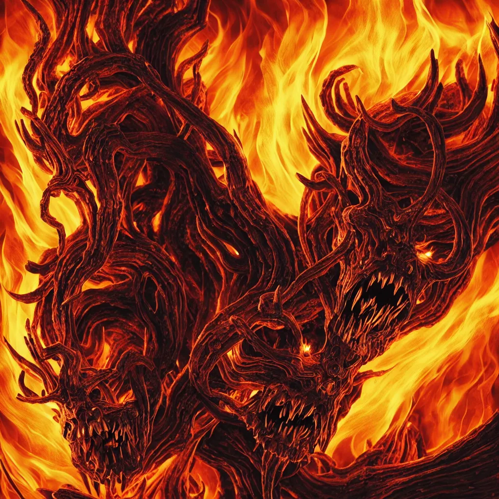 Prompt: close-up macro portrait of the face of a with demonic entity engulfed in hell's fury, epic angle and pose, ornate, symmetrical artwork, 3d with depth of field, blurred background, shadow figures with skulls in the background, translucent, nautilus, energy flows of and fire evil energy. a highly detailed epic cinematic concept art CG render. made in Maya, Blender and Photoshop, octane render, excellent composition, cinematic dystopian brutalist atmosphere, dynamic dramatic cinematic lighting, aesthetic, very inspirational, arthouse. y Greg Rutkowski, Ilya Kuvshinov, WLOP, Stanley Artgerm Lau, Ruan Jia and Fenghua Zhong