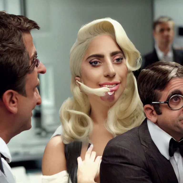 Prompt: confused lady gaga looking at the camera while young steve carell smiles behind her, from the office ( 2 0 0 5 ), detailed background, uhd, low light, cinematic, realistic, clear face, clear eyes.