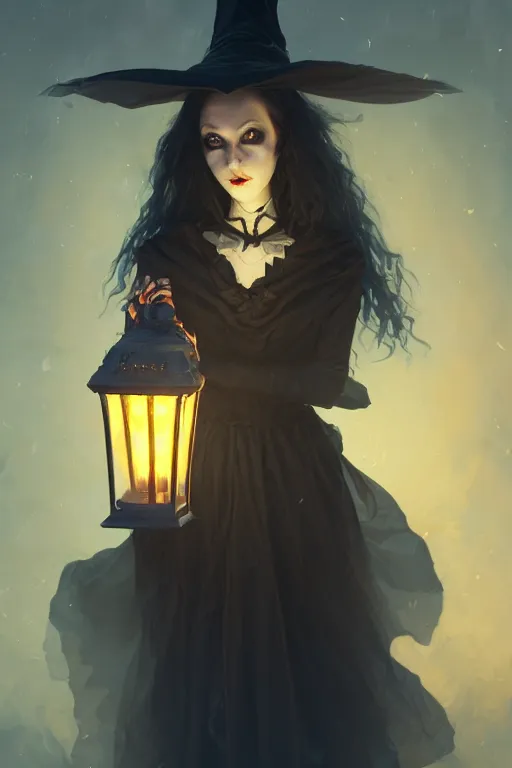 Image similar to portrait of a ghoulish victorian witch dark cheekbones holding a lantern, halloween night, charlie bowater, artgerm, ilya kuvshinov, krenz cushart, ruan jia, realism, ultra detailed, 8 k resolution