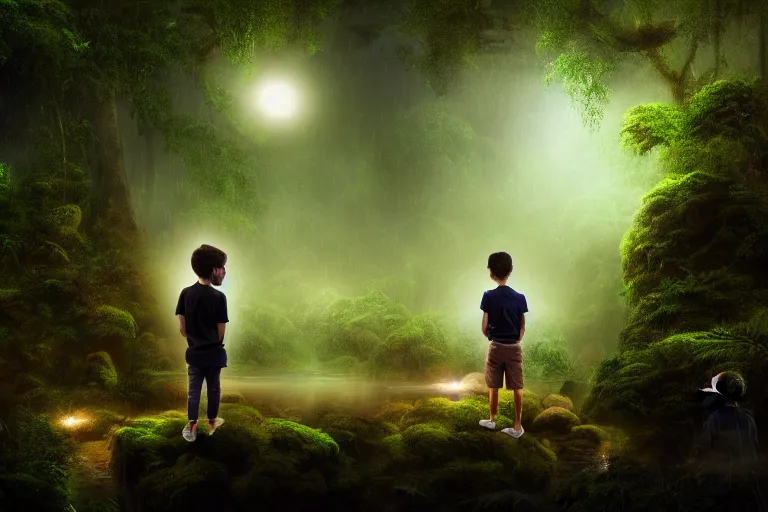 Prompt: boy in a conversation with his ethereal soul in the middle of a rain forest at night, realistic, obscure, dramatic scene, matte painting