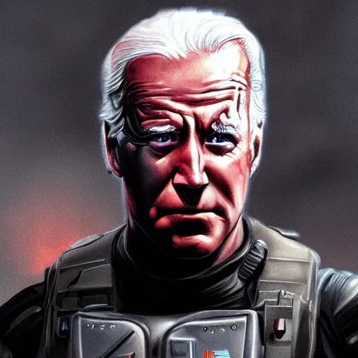 Image similar to joe biden as an evil T-800, dramatic lighting, cinematic, establishing shot, extremly high detail, photorealistic, cinematic lighting, artstation, style by James Gurney