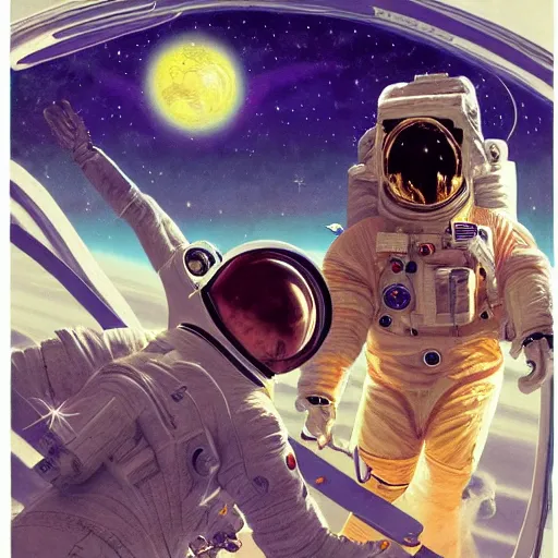 Image similar to realistic detailed view astronaut in space with flower crown by terance james bond, russell chatham, greg olsen, thomas cole, james e reynolds, photorealistic, fairytale, art nouveau, illustration, concept design, storybook layout, story board format