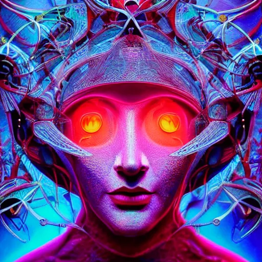 Image similar to Face of a Alien Deity, centered, corals, plume made of geometry, extremly detailed digital painting, sharp focus in the style of android jones, artwork of a futuristic artificial intelligence superstar with frames made of detailed circuits, mystical colors, rim light, beautiful lighting, 8k, stunning scene, raytracing, octane, under water visual distortion, dark tones colors, holographic feeling, trending on artstation