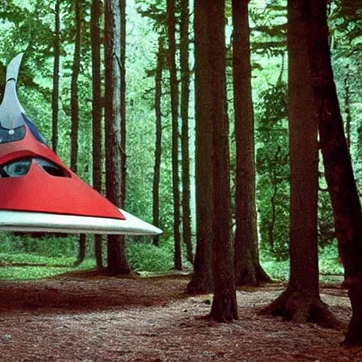 Prompt: hyper realistic spaceship in the woods, as filmed by jean - luc godard. symmetry. accurate anatomy.