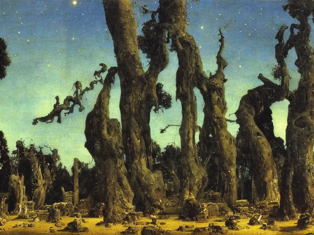 Image similar to Buddhist ruins surrounded by the panthers at night. Starry sky, cypresses in the wind. Painting by Arnold Bocklin, Caspar David Friedrich.