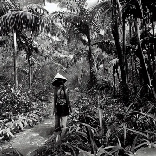 Image similar to establishing shot, vietnamese jungle with elderich horrors looming, 1 9 6 0 s photography