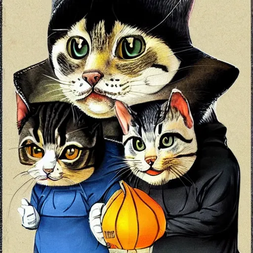 Prompt: gopnik cats in the style of вася ложкин