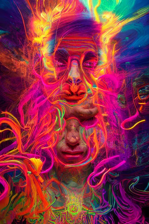 Image similar to an ancient shaman engulfed in colorful liquid smoke and neon clouds, a colorful psychedelic experience, dmt, lsd, face, delicate, highly detailed, digital painting, artstation, concept art, smooth, sharp focus, illustration, digital art by hana yata, and artem demura and beeple, octane render, unreal engine, 8 k